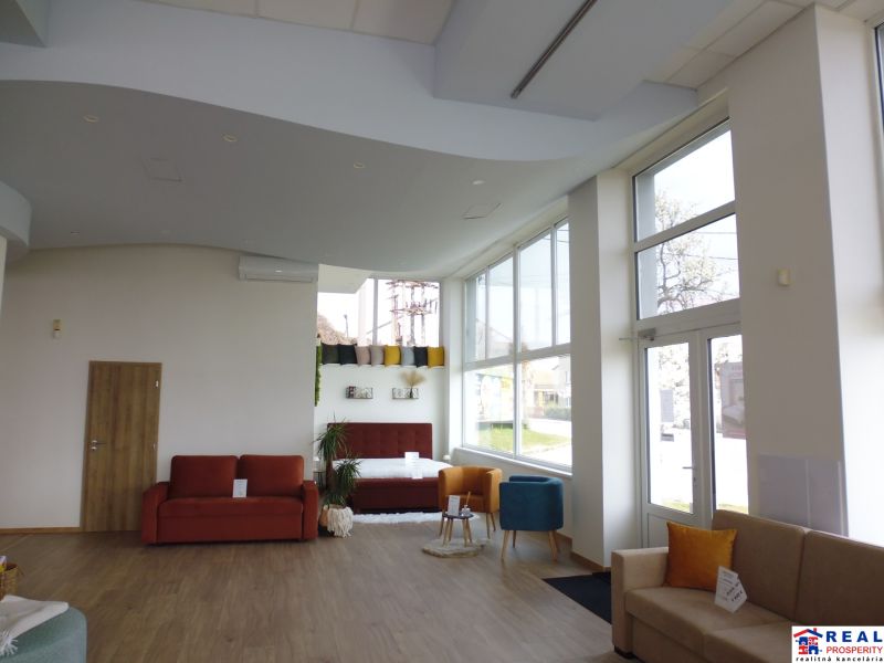 Interior of commercial spaces with wood-patterned flooring, comfortable seating, large windows.