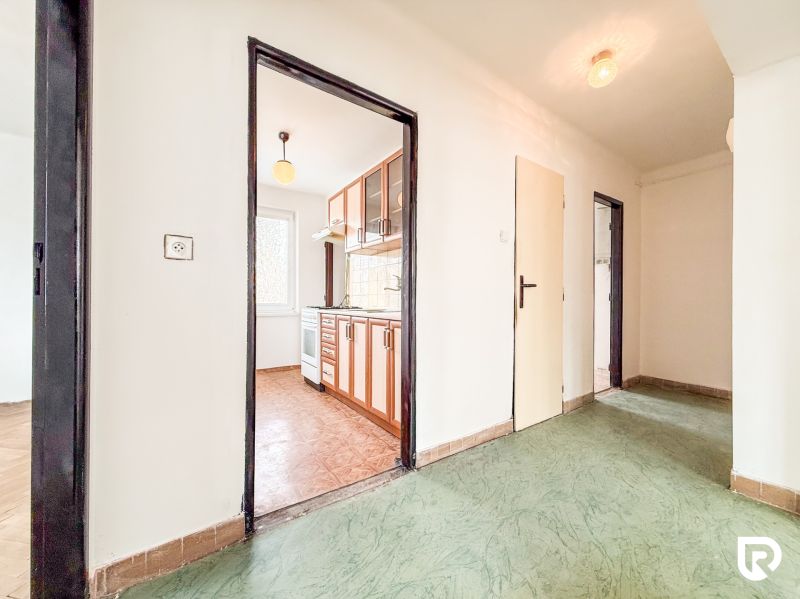 Hallway and kitchen with wood-patterned flooring in a 3-room apartment.