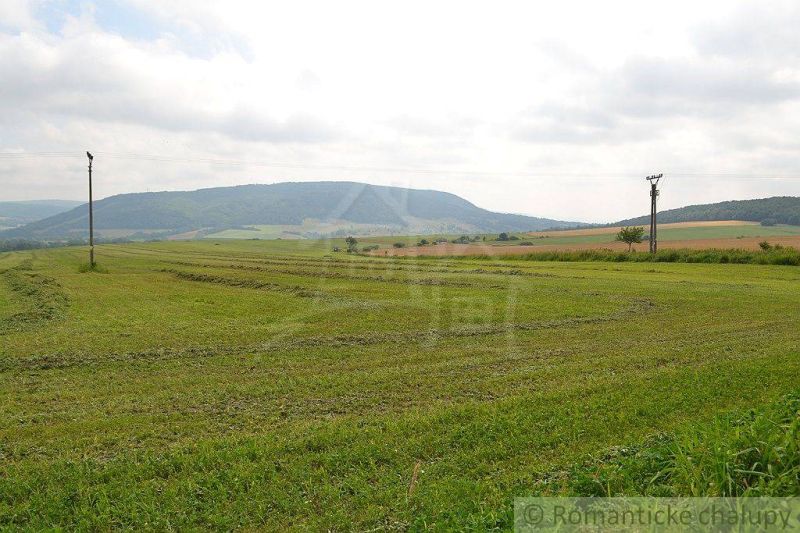 The landscape in Smilno with agricultural and forest land and a view of the mountains.