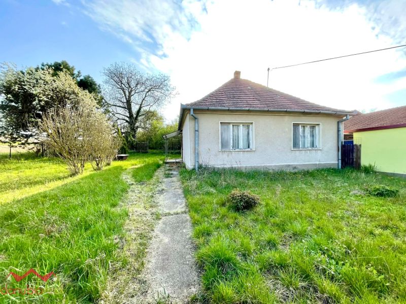 A family house in Dulovce surrounded by a garden with a walkway, green plants, and trees.