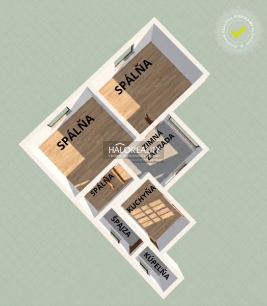 Floor plan of a family house with four bedrooms and a kitchen, floor with wood decor.