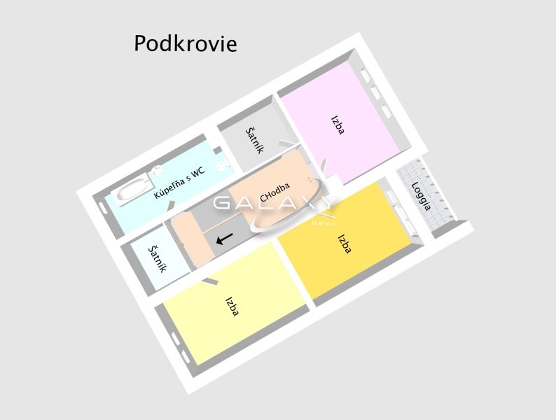 Attic floor plan of a family house: three rooms, hallway, bathroom with toilet, loggia, wardrobes.