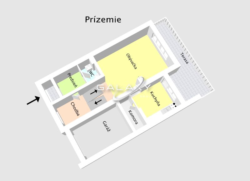 Floor plan of a family house in Rimavská Sobota with a garage, terrace, kitchen, and living room.
