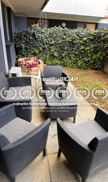 Terrace of a 2-room apartment on Veterná Street in Trnava with garden furniture.
