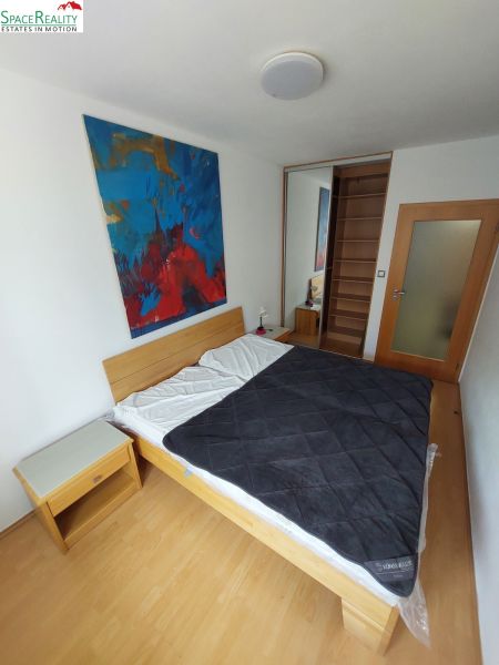 Bedroom of a two-room apartment with a painting, a cabinet, a floor with a wooden decor, and a wardrobe.