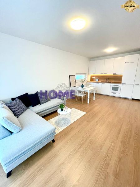 A stylish living area in a 3-room apartment with a wooden decor floor and a kitchenette.