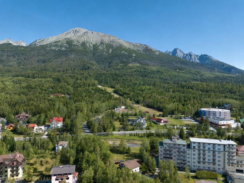 Hotels and guesthouses in the High Tatras surrounded by forest with mountains in the background.