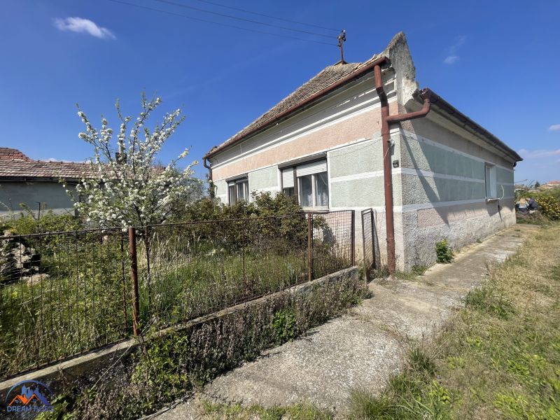 A family house in Bátorove Kosihy with a blooming tree and closed shutters.