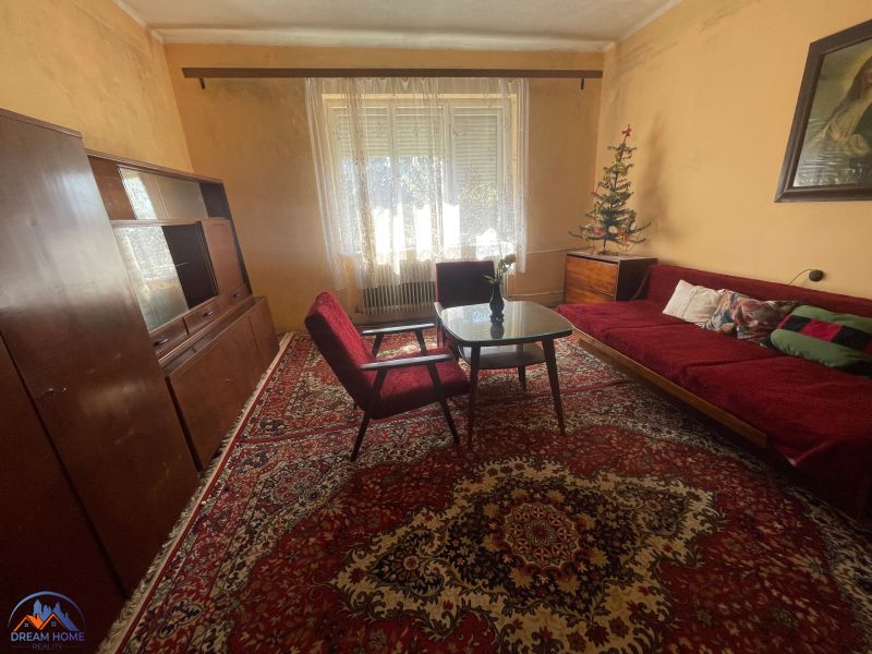 Living room with a carpet, comfortable armchairs, and a sofa in a family house.