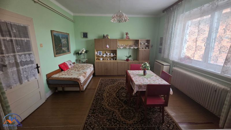 Living room in a family house with a wooden decor floor and a decorative carpet.