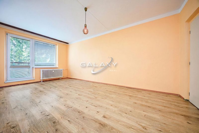 2-bedroom apartment with orange walls and wood-patterned flooring.