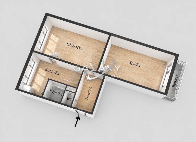 Layout of a 2-room apartment with wood-patterned flooring and a balcony.