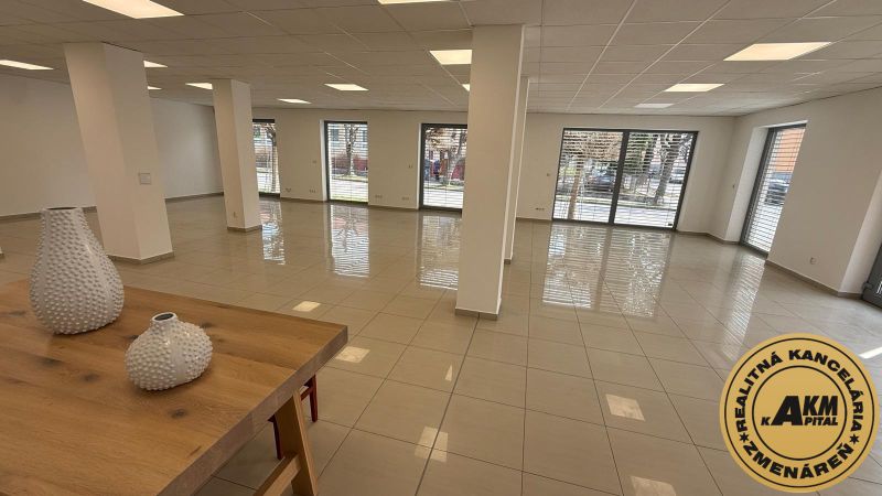 Empty commercial spaces with large windows, tiled floor, white interior, decorations.