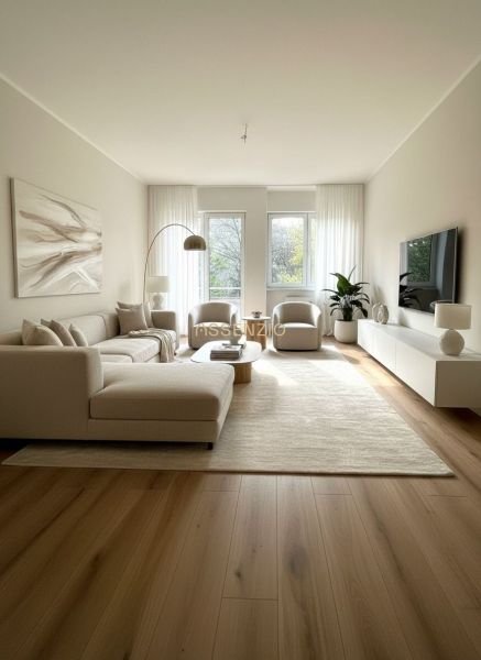 Bright living room, beige sofa, carpet, wooden decor, windows, plants, muted colors.