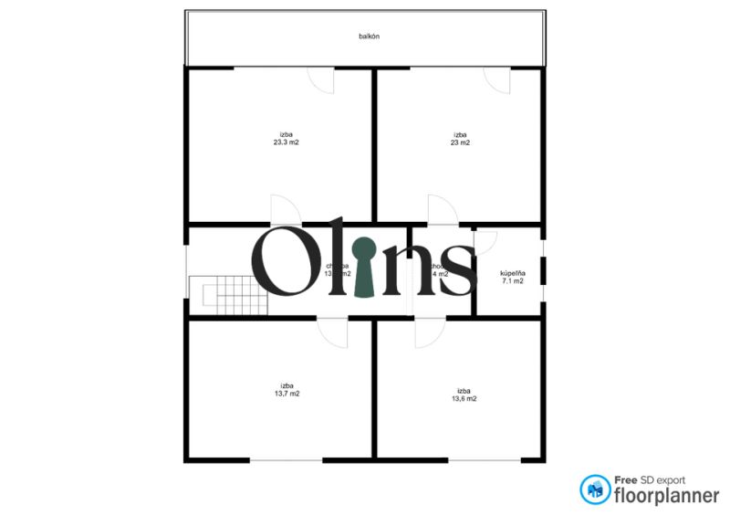 The floor plan of the family house shows four rooms, a hallway, a bathroom, and a balcony.
