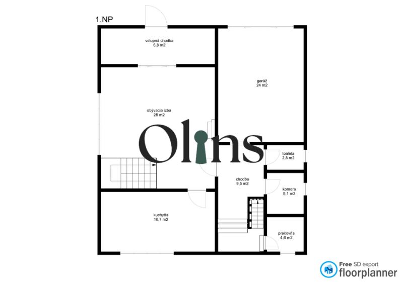 Floor plan of a family house in Veľký Lapáš with a garage, kitchen, and living room.