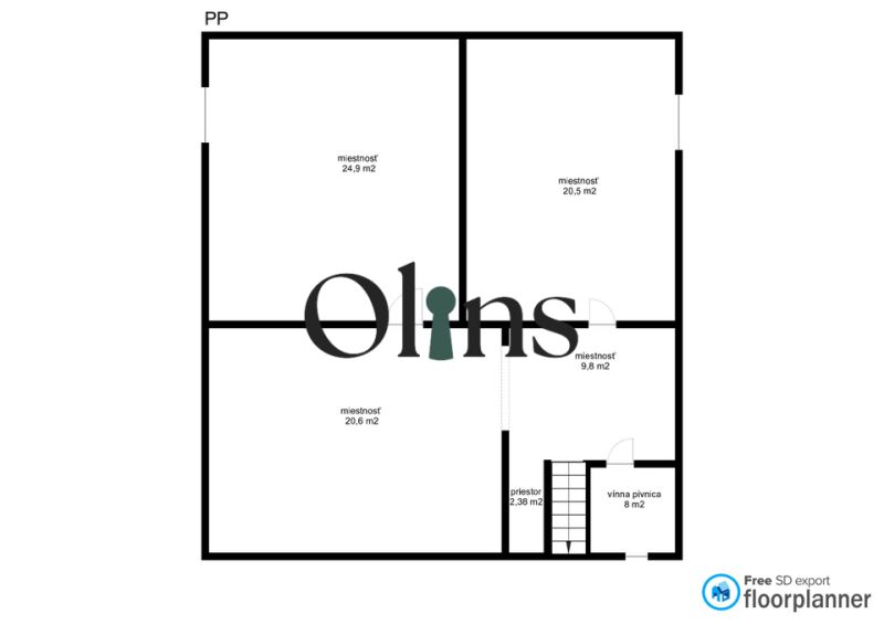 A floor plan with five rooms in the basement of a family house.