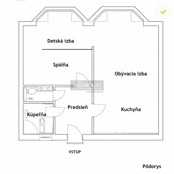 Floor plan of a 2-room apartment with a children's room, bedroom, living room, and kitchen.