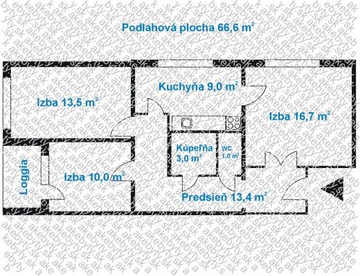 Floor plan of a 3-room apartment with a kitchen, bathroom, loggia, and hallway.