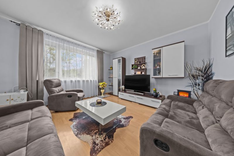 Living room in a 3-room apartment with a sofa and a wooden decor floor.