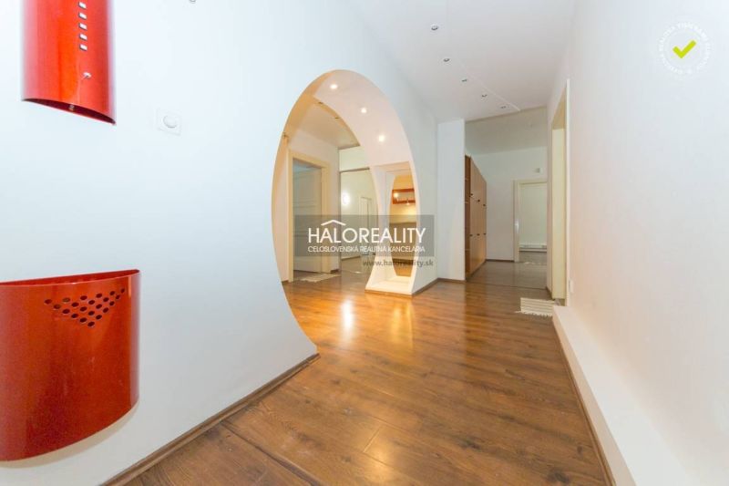 A hallway in a 5 or more room apartment with a wooden floor and an arched passageway.