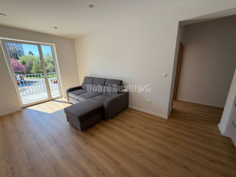 Living room in a 2-room apartment with a sofa bed and a wooden decor floor.