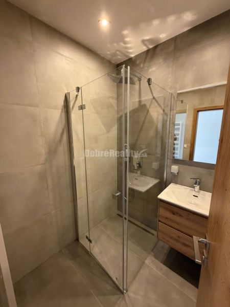 A bathroom with a modern shower and sink in a 2-room apartment.