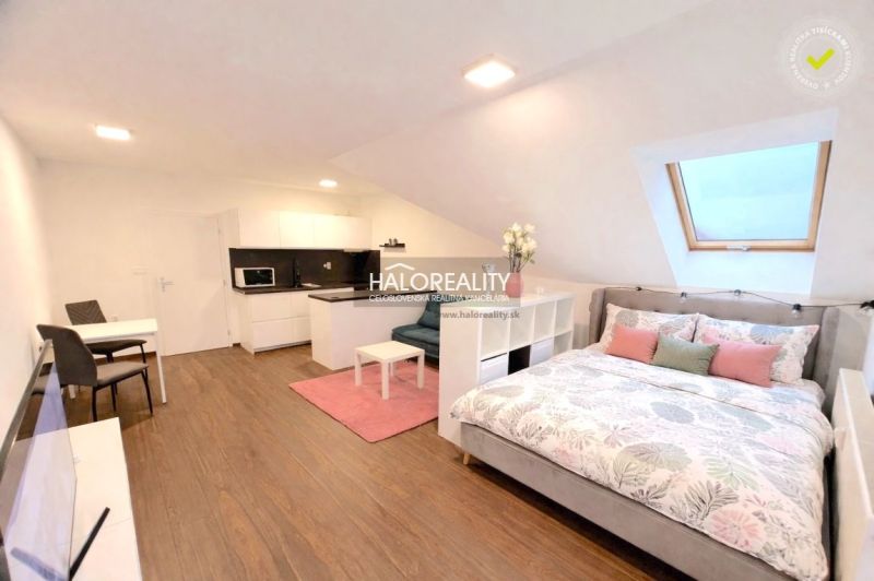 Bright bedroom in a two-room apartment with wood-patterned flooring and a skylight.