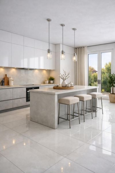 A kitchen in a 2-room apartment with a large island and high-gloss flooring.
