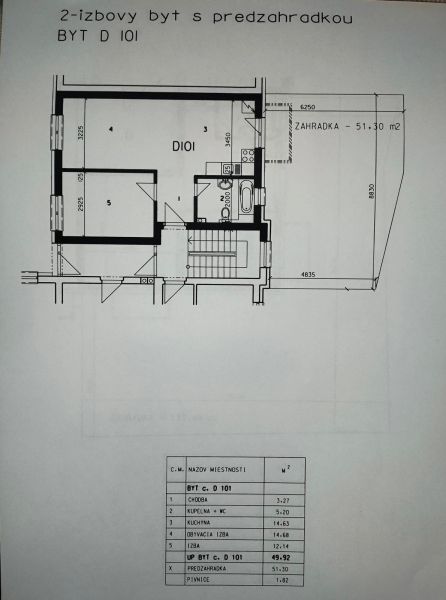 Plan of a 2-room apartment in Tomášikovo with a front garden and exact layout of the rooms.