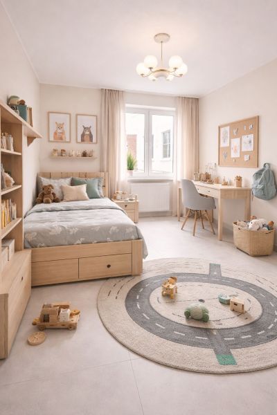 Children's room with wooden furniture, bed, and desk in a 2-room apartment.