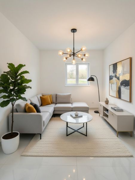 Living room in a 2-room apartment with a sofa, a lamp, and a houseplant.