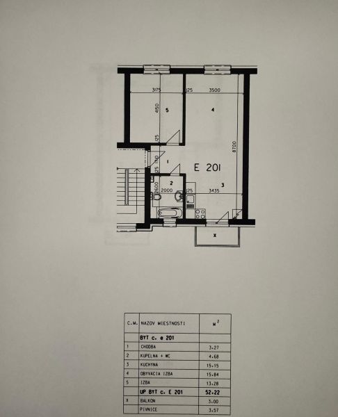 Floor plan of a 2-room apartment with a balcony, bathroom, and kitchen, total area 52.22 m².