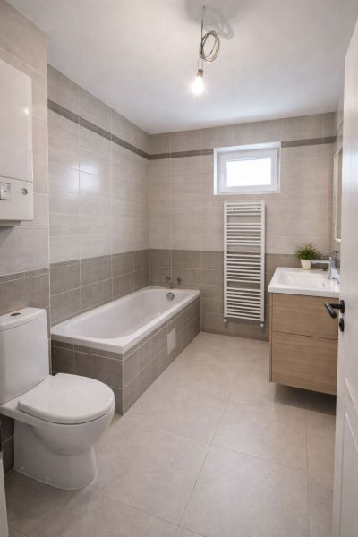 Bathroom in a 2-room apartment with a bathtub, sink, and tiled floor.