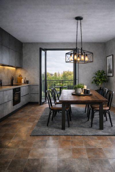 A kitchen in a 2-room apartment with a dining table and a view of the balcony.