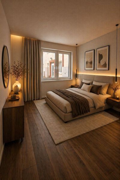 A bedroom in a 2-room apartment with a bed, dresser, and wooden decor flooring.