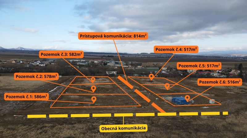 Development plots in Mlynica with marked areas and access road.