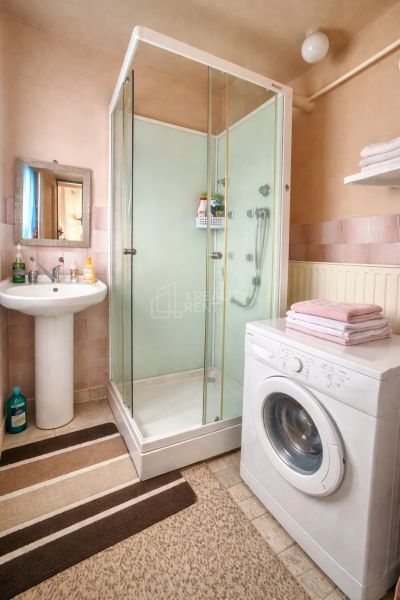 Bathroom with a washing machine, shower, sink, and carpet in a family house.
