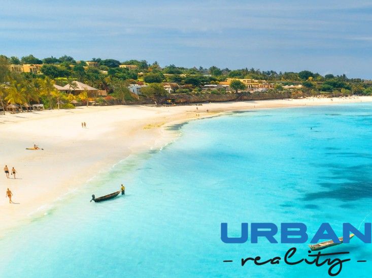 The coast in Nungwi with a beach and the Indian Ocean, also visible is a villa among the palm trees.