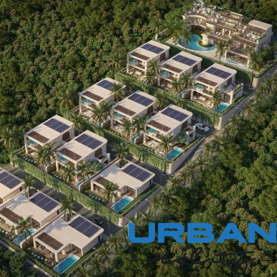 Construction of houses in Nungwi with swimming pools and solar panels, surrounded by greenery.