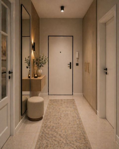 A hallway of a 2-room apartment with modern furniture, a mirror, and decorative elements.