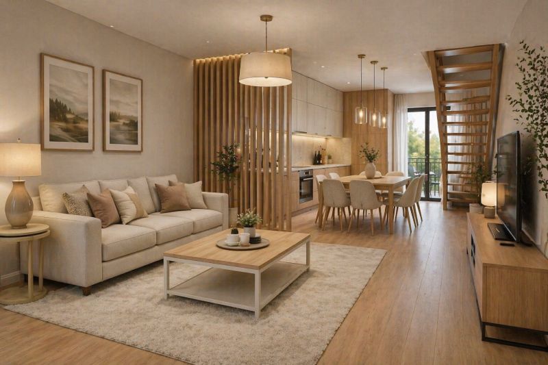 Living room with a kitchenette, sofa, and wooden decor flooring in a 2-room apartment.