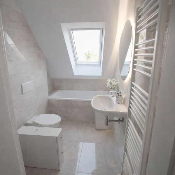 A bathroom in a 2-room apartment with a bathtub, a skylight, and a hanging mirror.