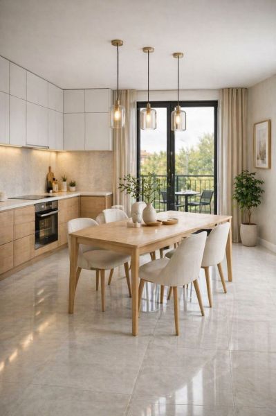 A kitchen in a 2-room apartment with a dining table, light furniture, and a balcony.