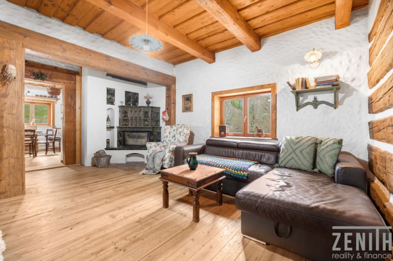 Living room in a family house with a leather sofa and a wooden decor floor.