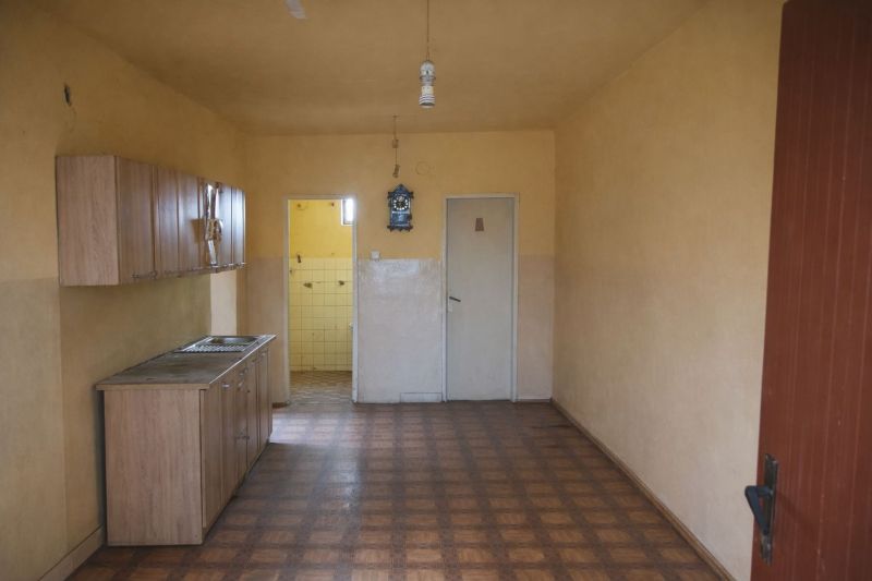 Simple kitchen in a family house with a wood-patterned floor and doors.