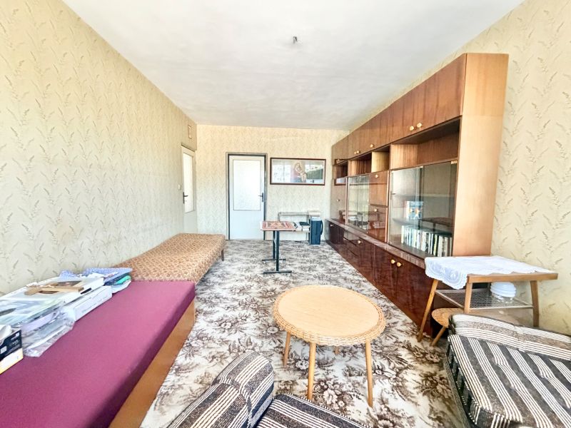 Living room in a 2-room apartment with retro furniture and a patterned carpet.