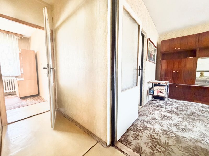 A hallway with carpet and entrance to a room in a 2-room apartment.