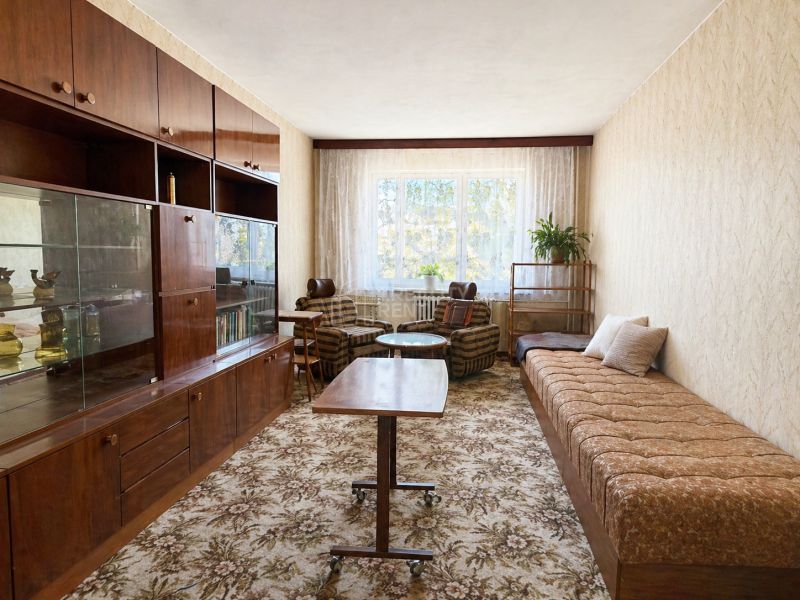 Living room in a two-room apartment with a sofa, table, and dark wood furniture.