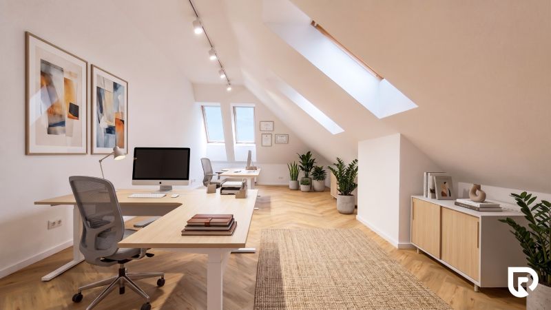 Offices with wood-patterned flooring, two desks, chairs, and plants.